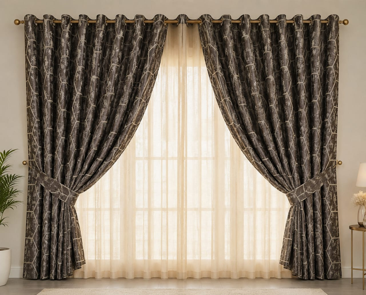 Dark hexagonal curtains on a gold rod with sheers