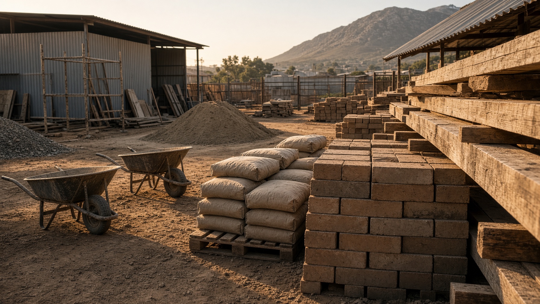 Saunders yard with bricks, timber, and cement in late light